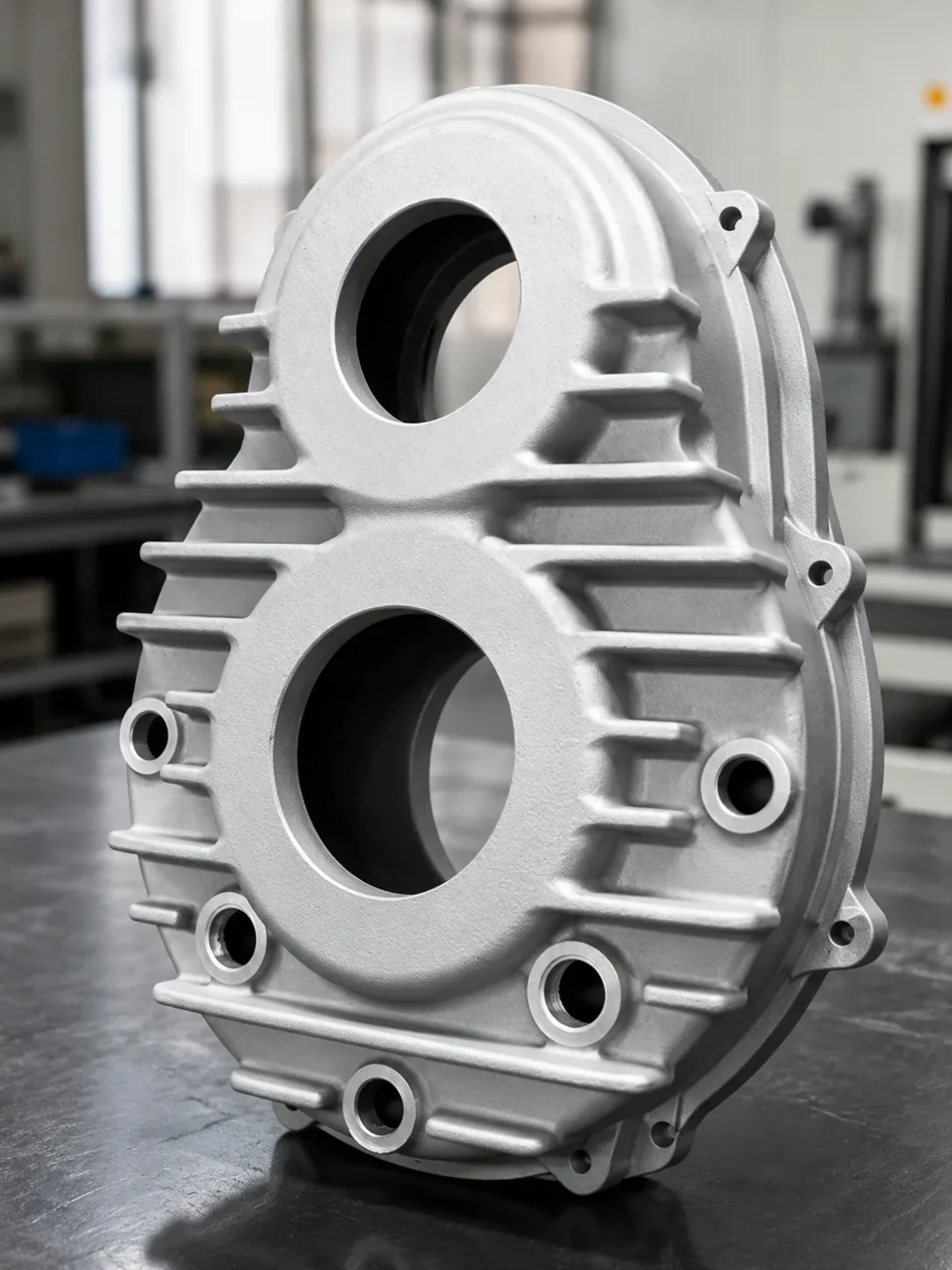 Aluminum casting component with circular openings and external reinforcing ribs